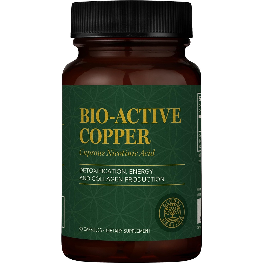 Global Healing Bio-Active Copper Supplement Cu1 - Cuprous Nicotinic Acid, Immune System & Red Blood Cell - Niacin Vitamin B3 Chelated Copper - 30 Capsules