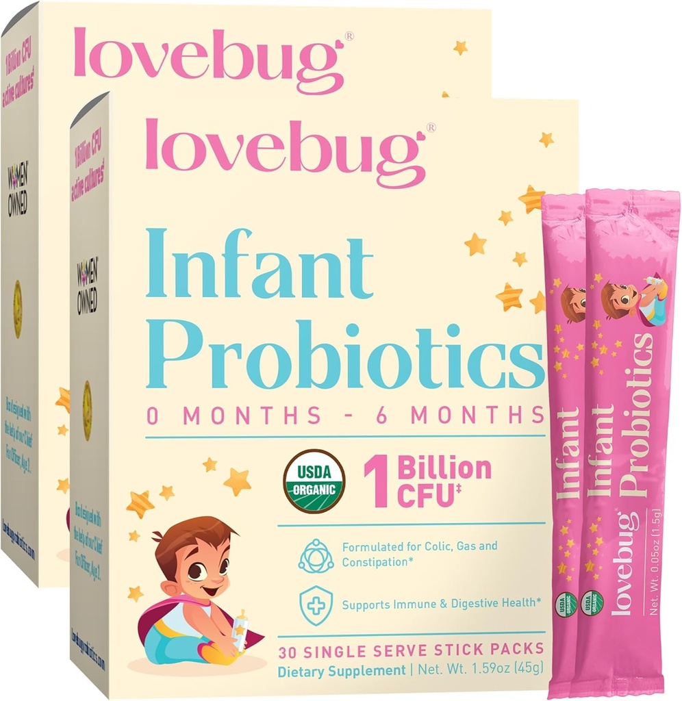 LOVEBUG Infant Probiyotiks 377 months - USDA Organic Probiyotiks for Bebekler, Supports Baby Gas, Colic, Diarrhea and Newborn Constipation Relief, Allergen & Sugar Free, Tasteless Toz, 60 Pack