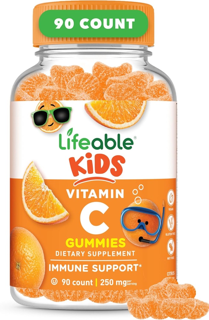 Lifeable Kids Vitamin C Gummies | 250 mg | Great Tasting VIT C | Vegan GMO-Free C Chewable | for Immune Support | 90 Gummies