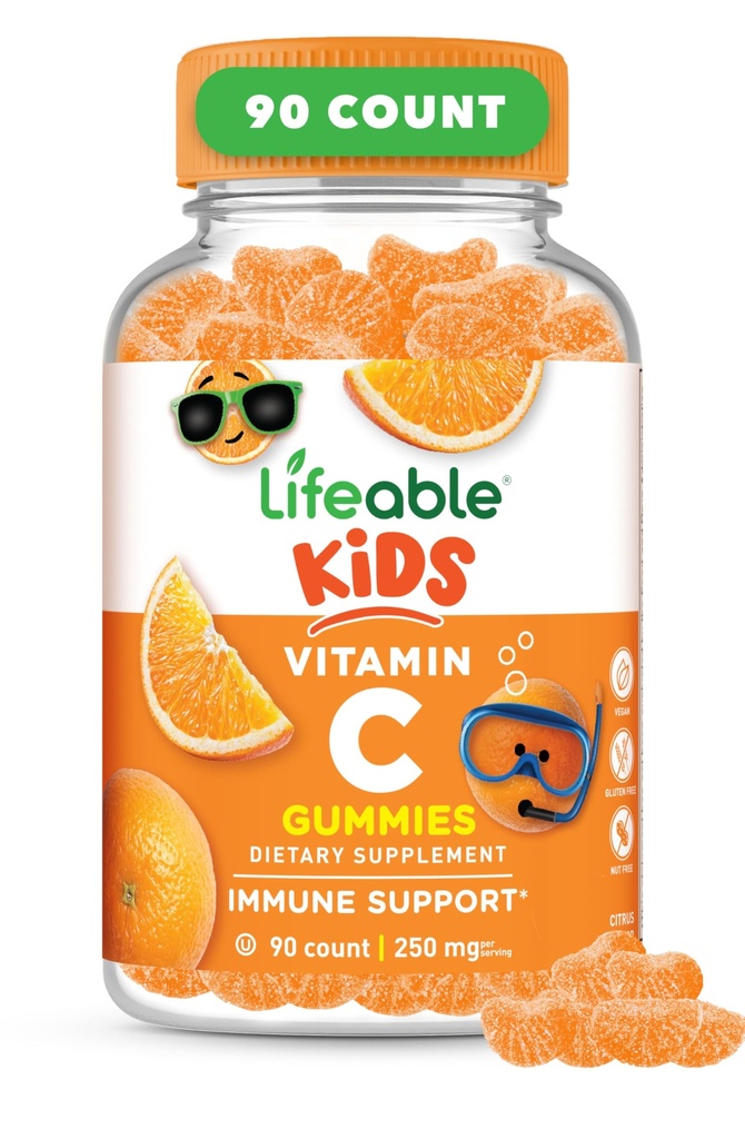 Lifeable Kids Vitamin C Gummies | 250 mg | Great Tasting VIT C | Vegan GMO-Free C Chewable | for Immune Support | 90 Gummies