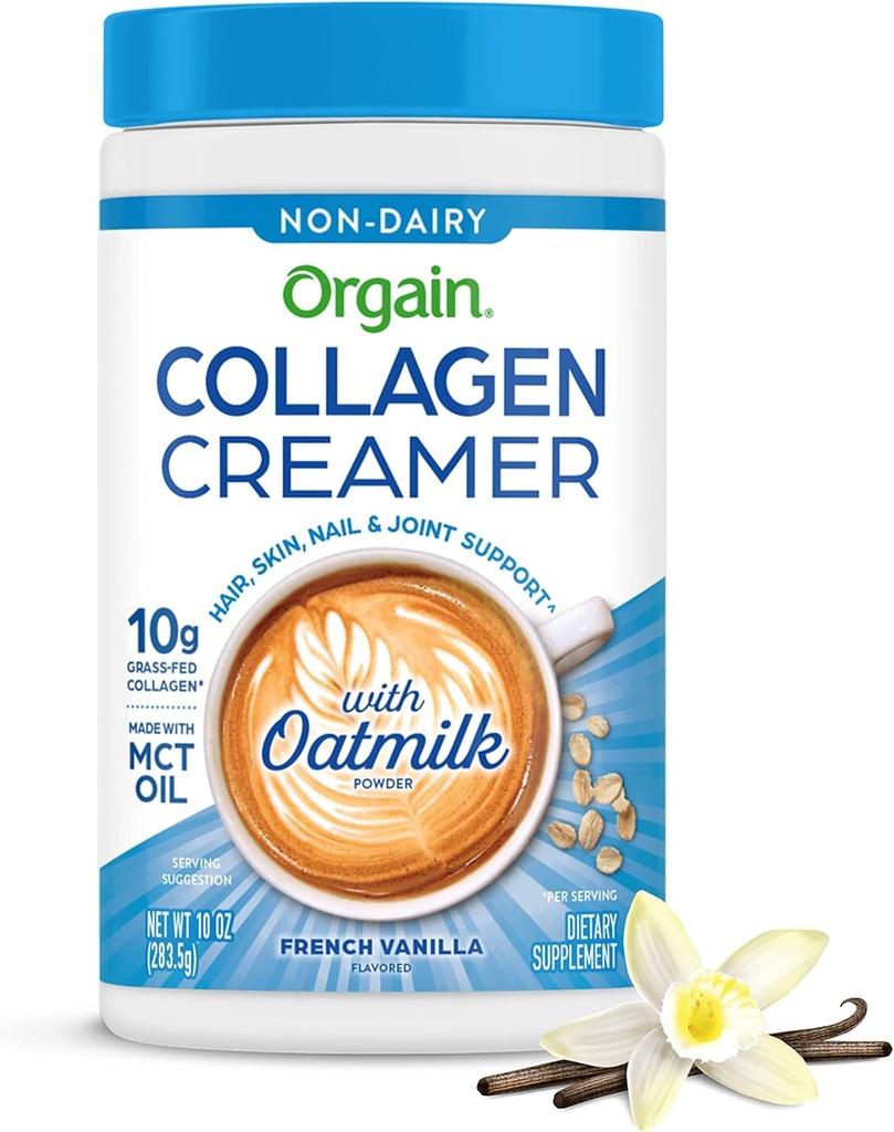 Orgain Collagen Coffee Creamer, 10g Grass Fed Hydrolyzed Collagen,, Fransız Vanilla - Organik Oat Milk Toz, Coconut Oil, MCT Oil, Aokaya yağı, Saç, Skin, Nail, ve Ortak Destek - 10oz