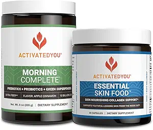 ACTIVATEDYOU Morning Full Prebiyotiks, Probiyotiks, Green Superfoods (Apple Cinnamon) + Essential Skin Food Collagen, Elastin Support, 30 Hizmet