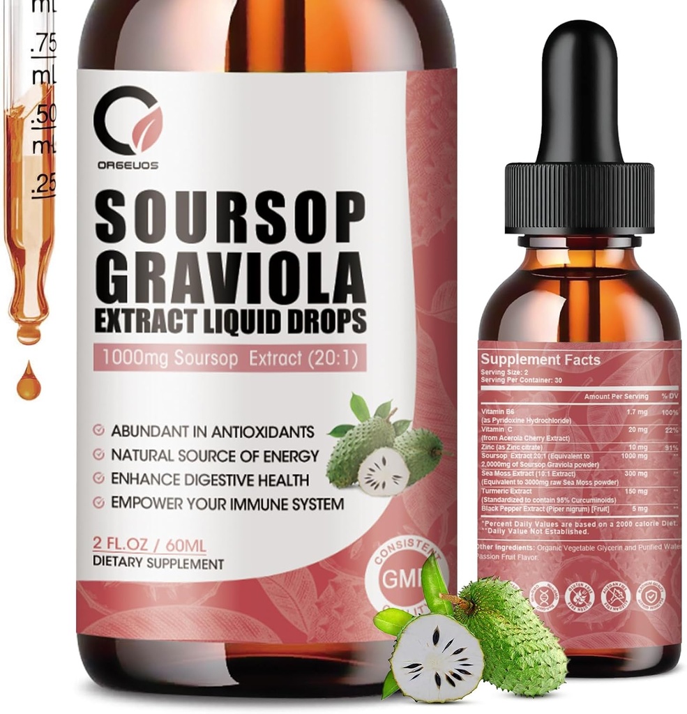 Soursop Graviola Liquid Drops - Soursop Extract Plus Sea Moss, Soursop Bitters Hücre Rejenerasyonu için Sıvı, Immune Boost, Relax, Antioksi, Enerji - 2 Fl Oz Oz