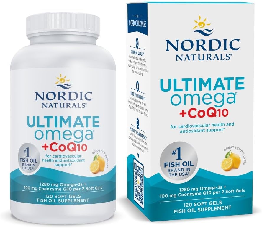 Nordic Naturals Ultimate Omega + CoQ10, Lemon - 120 Soft Gels - 1280 mg Omega-3 + 100 mg CoQ10 - Heart Health, Cellular Energy, Antioxidant Support - Non-GMO - 60 Servings