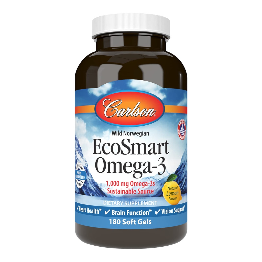Carlson - EcoSmart Omega-3, 1000 mg Omega-3s, Βιώσιμη Πηγή, Υγεία Καρδιάς, Λειτουργία Εγκεφάλου & Υποστήριξη Οράματος, Λεμόνι, 180 Softgels