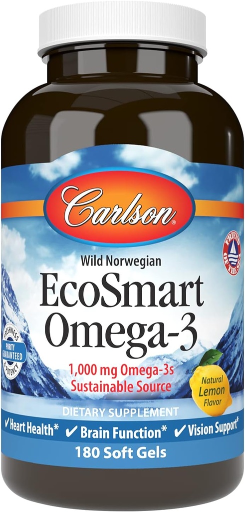 Carlson - EcoSmart Omega-3, 1000 mg Omega-3s, Sürdürülebilir Kaynak, Kalp Sağlığı, Beyin Fonksiyonu ve Vizyon Desteği, Limon, 180 Softgels