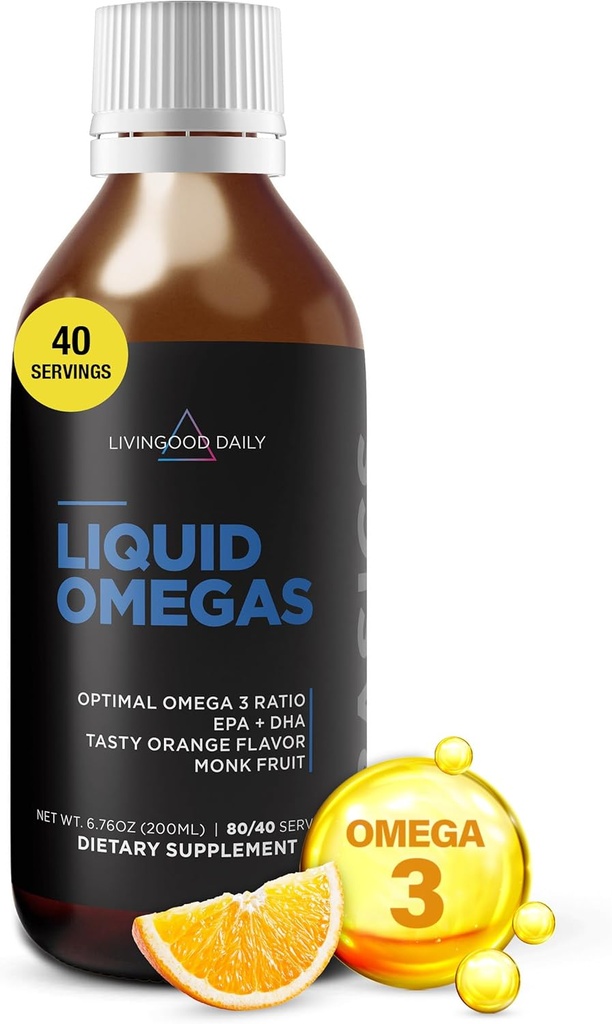 Daily Liquid Omega 3 Fish Oil EPA & DHA Supplement with Monk Fruit & Orange Flavor, Supports Heart, Joint & Brain Health, Fish Oil for Men & Women, Non GMO, Gluten Free, 200 ML, 40 Servisler