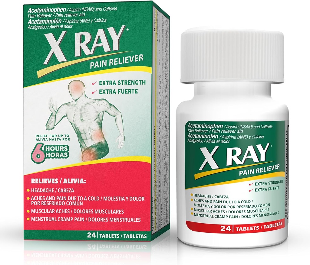 X RAY Ekstra Güçlü Ağrı Reliever: Acetaminophen 500 mg, aspirin, Caffeine - 24 Tablet Her biri, Migraine, Headache ve Back Pain Relief, Reduces Inflammation