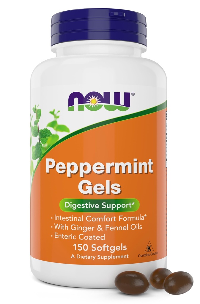 Now Peppermint Gels with Ginger Oil and Fennel Oil, 150 Softgels, Enteric Paint