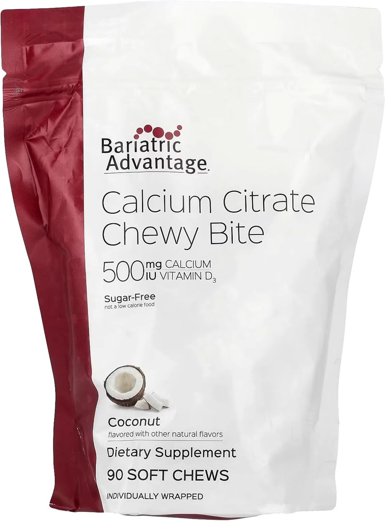 Bariatrik Avantajı Çelik Citrate Chewy Bites 500 mg - Yüksek derecede Absorbable & Digestible - Vitamin D3 - Easy Chewable Food Supplement - Coconut Flavor - 90 Count