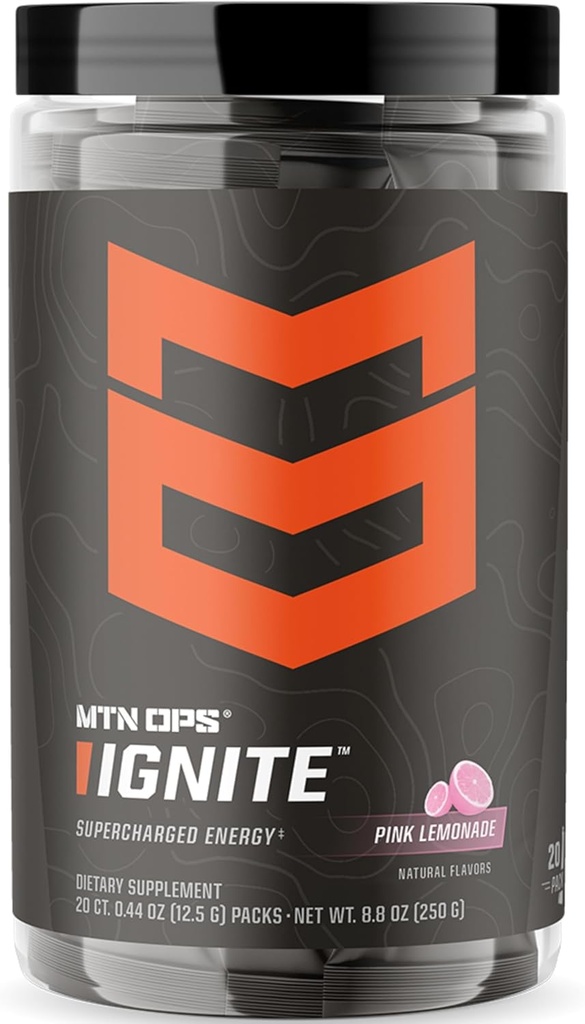 MTN OPS Ignite Trail Packs Energy Drink Toz, Gluten Free Nootropic Supplement Drink Mix, L Arginine, L Citrulline, Caffeine & Nootropic Sugar Free Drink Mix, 20 Services, Pink Lemonade