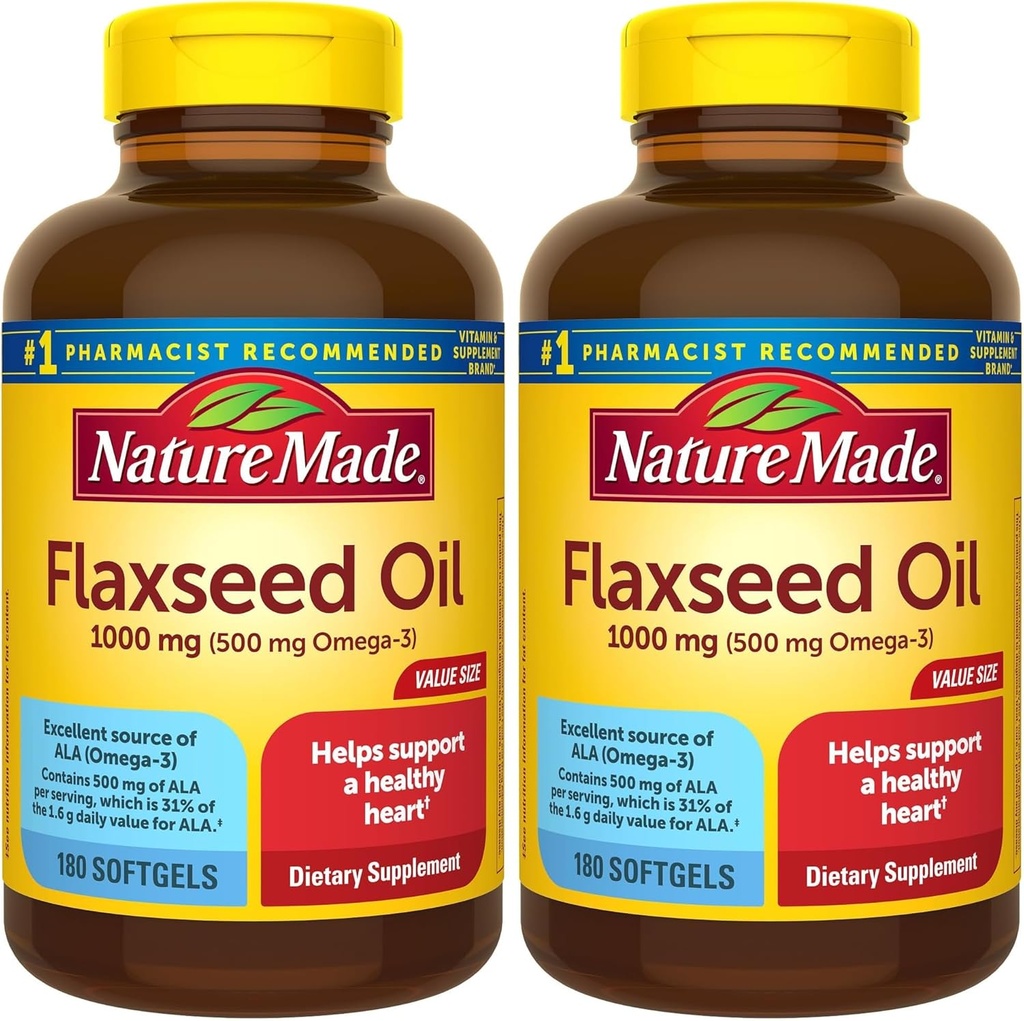 Nature Made Flaxseed Oil 1000 mg, Συμπλήρωμα διατροφής για την υποστήριξη της υγείας της καρδιάς, 180 Softgels (πακέτο των 2)