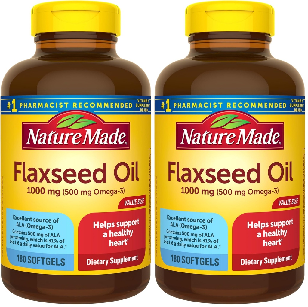 Nature Made Flaxseed Oil 1000 mg, Diyetsel Supplement for Heart Health Support, 180 Softgels (Pack of 2)