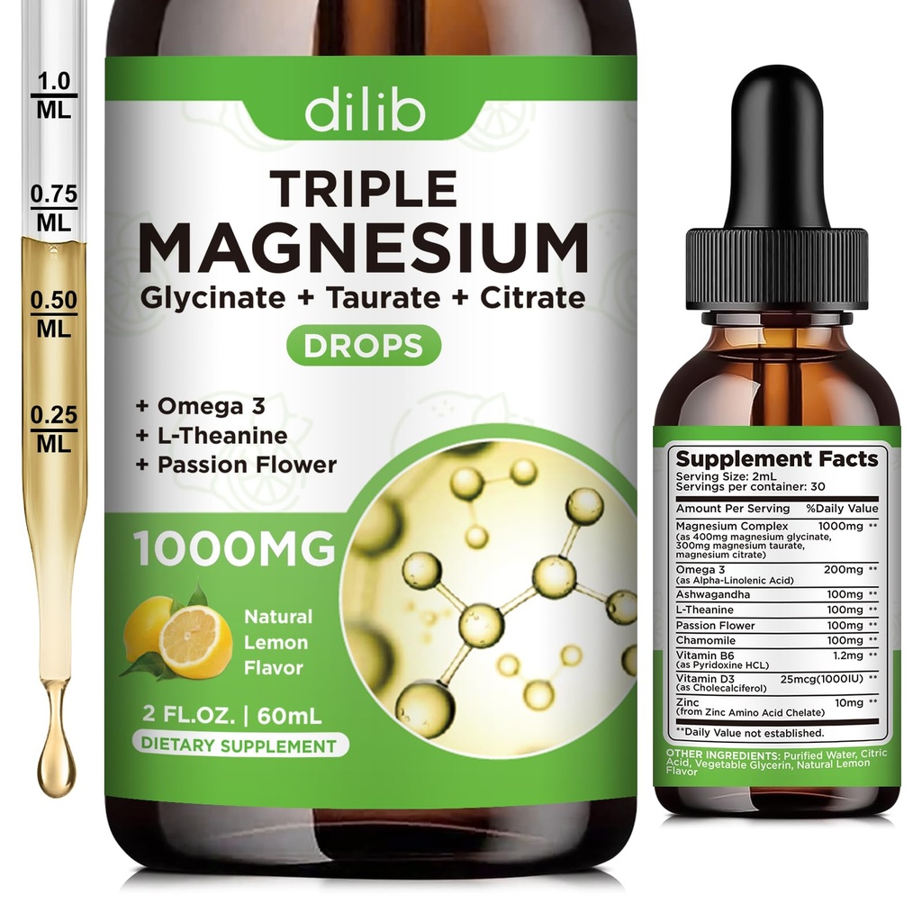 Sıvı Glycinate Supplement 1000 mg, Calm Magnezyum Citrate, Taurate Drops with Omega 3, çinko, Ashwagandha, L-Theanine, Chamomile for Sleep, Mood, Stress Relief, Bone, Muscle, Lemon Flavor