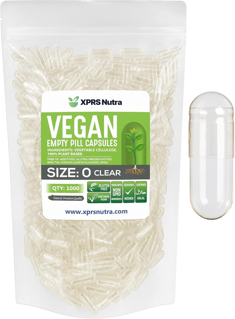 XPRS Nutra Boyutu 0 Boş Kapsüller - 1000 Kont Clear Boş Vegan Capsules - Vejetaryen Pills - DIY - Veggie Pill Caps For Do-It- Yourself Supplements -