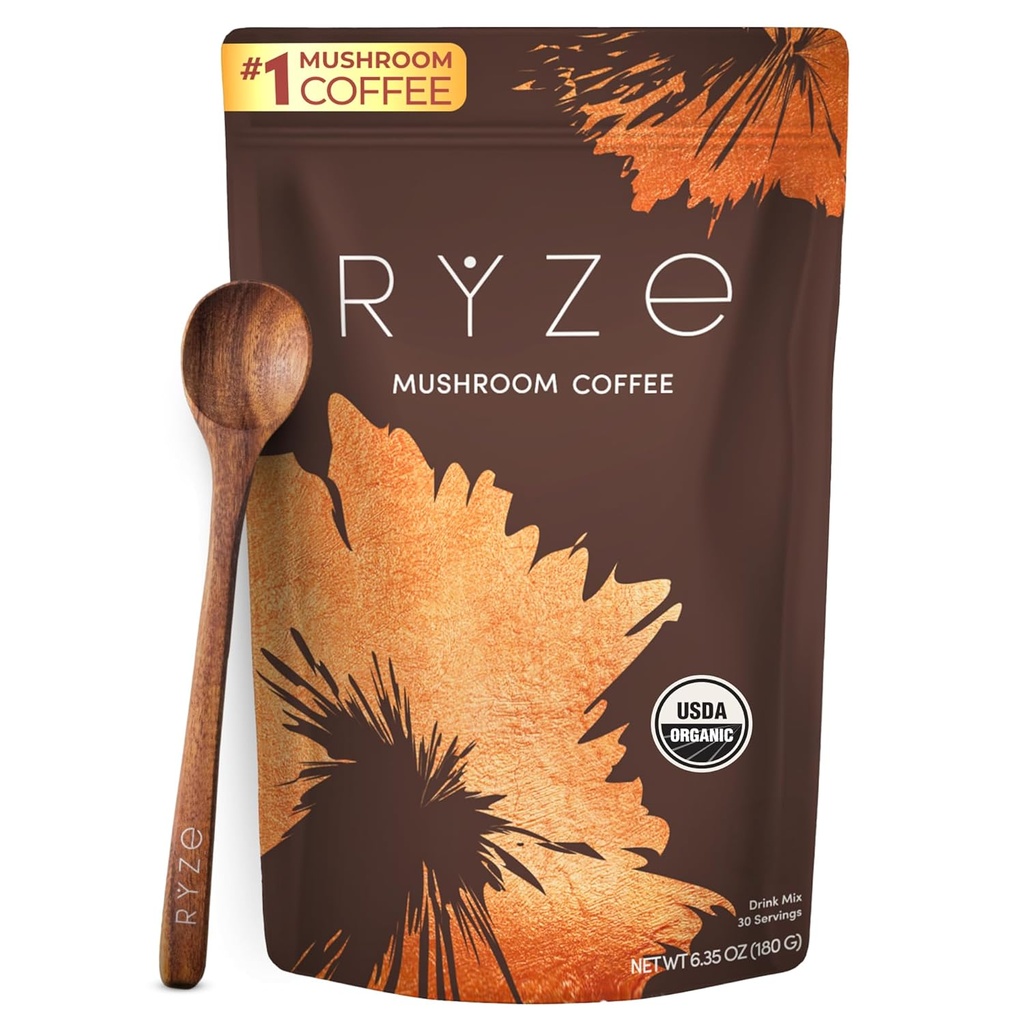 RYZE SFOODS Mushroom Coffee USDA Organik 6 Adaptojenik Mushrooms ve MCT Oil, USA Grown Instant Coffee for Better Energy, Focus, Digestion, Immunity with Lions Mane & Turkey Tail, 30 hizmetkar