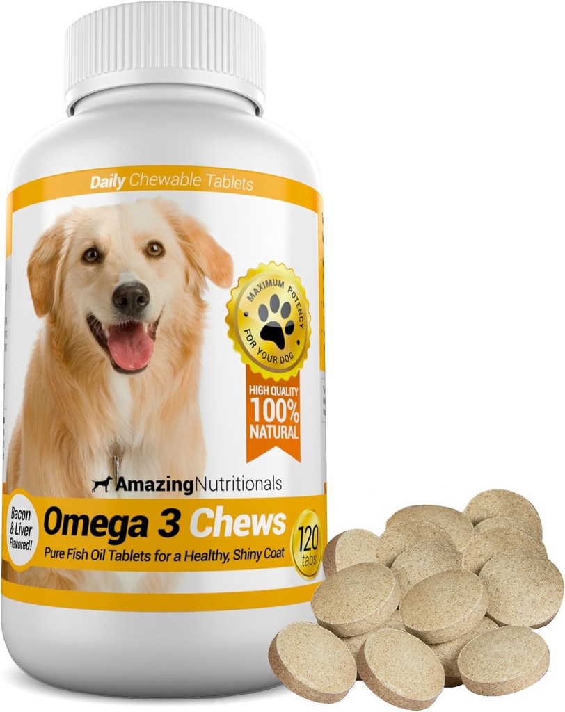 Köpekler için Şaşırtıcı Omega 3 - Omega 3 Köpekler için Balık Yağı Kuru Skin ve Hot Spots için Itchy Skin Yardımı ve EPA ve DHA Şişmanları ile Öner - 120 Bacon Flavor Chews