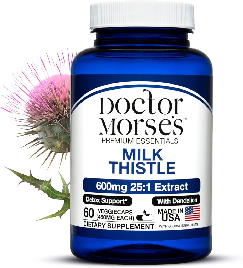 Doktor Morse Milk Butle Supplement 25:1 Extract 600 mg Equivalent to 15000 mg, Liver Detox Support 4:1 Extract 300 mg Equivalent to 1200 mg Dandelion Root - FDA sertifikalı Ultra Potent Formula - 60 Caps