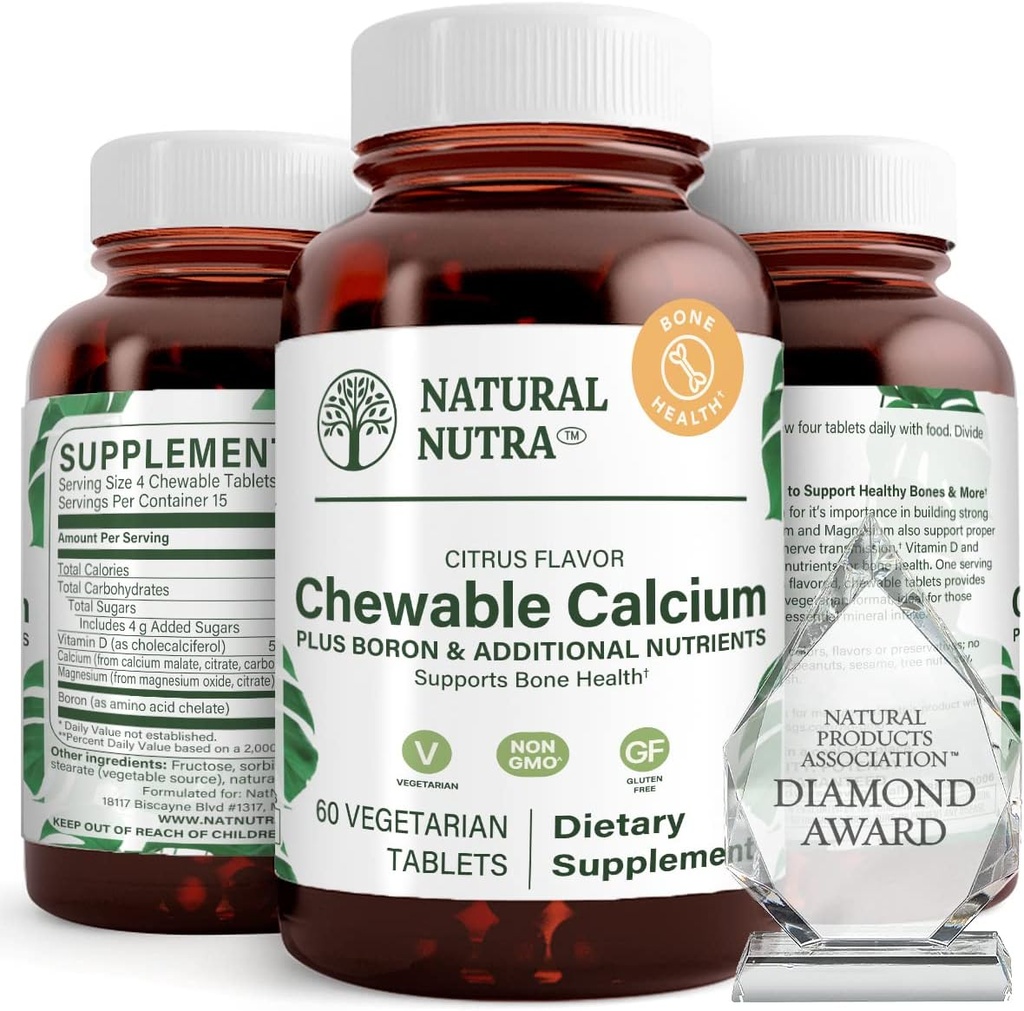 Natural Nutra Chewable Calcium Supplement for Bone Strength, Promotes Muscle Health, Helps Enhance Teeth Health, Support Nerve Health, and Cardiovascular Health, Improve Bone Strength, 60 Tablets