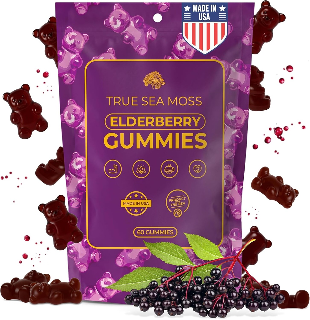 TrueSeaMosss Sea Moss Elder Gummies for Yetişkinler & Kids – Burdock Root, Bladderwrack & Magnezyum – Vegan, Non-GMO Formula – ABD'de Yapıldı – 60 Gummies