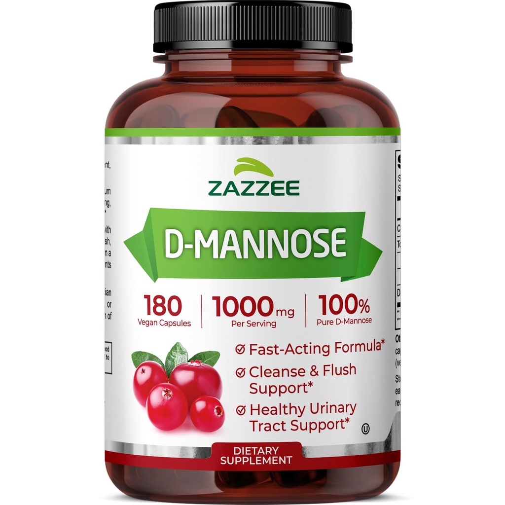 Zazzee D-Mannose, 1000 mg ανά υπηρεσία, 180 κάψουλες Vegan, 3 μήνες προσφοράς, ισχυρή & γρήγορη δράση, Certified Kosher, 100% καθαρό, όλα τα φυσικά urinary Tract Health Support, 100% χορτοφάγοι, μη ΓΤΟ