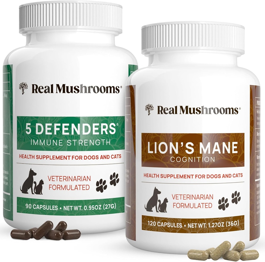 Real Mushrooms 5 Defenders for Pets (90ct) and Lions Mane for Pets (120ct) - Bundle for Immune Strength & Cognition - Vegan, Non-GMO, Gluten-free, Grain-Free Mushroom Συμπληρώματα Κατοικιδίων