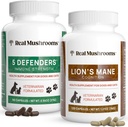 Real Mushrooms 5 Defenders for Pets (90ct) ve Lions Mane for Pets (120ct) - Immune Strength & Cognition - Vegan, Non-GMO, Gluten-Free, Pet Supplements-Free Mushroom Pet Supplements