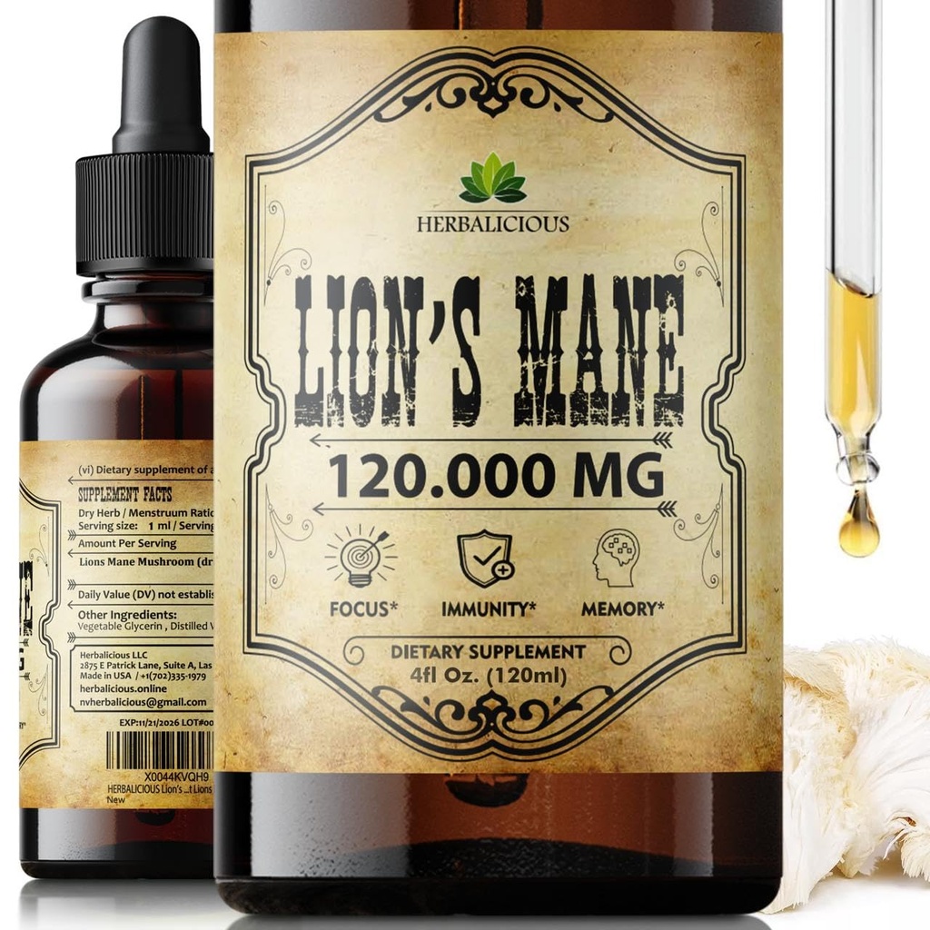 Lion's Mane 4 fl oz Liquid – Natural Mushroom Supplement Tincture for Brain, Memory, mental Clarity & Focus – Immune Support – High Potency Formula – 90-Day Supply