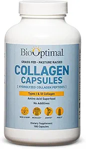 BioOptimal Collagen Peptides Κάψουλες - Grass-Fed, Pasture-Raied Hydrolyzed Protein Supplement for Skin, Hair, & Nails - Μη-GMO, Zero Sugar Daily Pills for Men & Women (180 Κάψουλες)