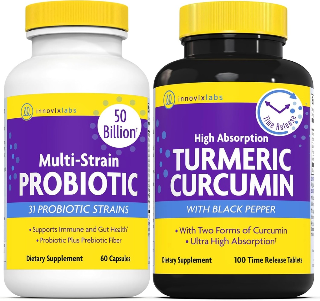 InnovixLabs Multi Probiyotik & Curcumin Sche Multi-Strain Probiyotik (60 Time-Release Capsules) Turmeric Curcumin (100 Time-Release Tabletleri). Gut ve Immune Health'i destekler. *