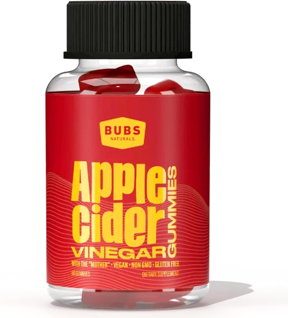 BUBS Naturals Apple Cider Vinegar Gummies with The Mother, All Natural Vegan ACV Gummy Vitamins, Υποστηρίζει Detox, Digetion & Energy Booster με βιταμίνη Β, 60 Count