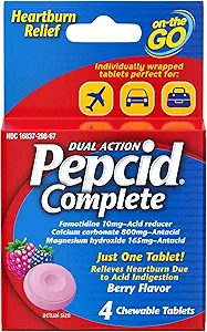 Pepcid Complete Acid Editor + Asit Reflux için Antacid, 10 mg Famotidine, 800 mgo Karbonat & 165 mg Magnezyum Hydroxide per Antacid Chew, Bireysel Paketler, Berry Flavored, 4 ct