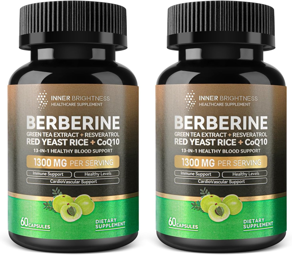 Berberine 1300 mg with Green Tea Extract, Resveratrol, Red Yeast Rice & CoQ10 – 13-in-1 Immune Health, Natural Metabolic Support – 60 Capsules – Non-GMO, Lab Tested - 2 Pack