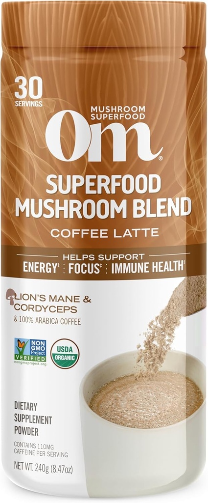 Om Mushroom Superfood Coffee Latte Blend – Λειτουργική Mushroom Powder with Lion’s Mane, Cordyceps, Reishi & Chaga – Ενέργεια, Focus & Ψυχική Καθαρότητα Υποστήριξη – 8.47 oz Canister (30 Services)