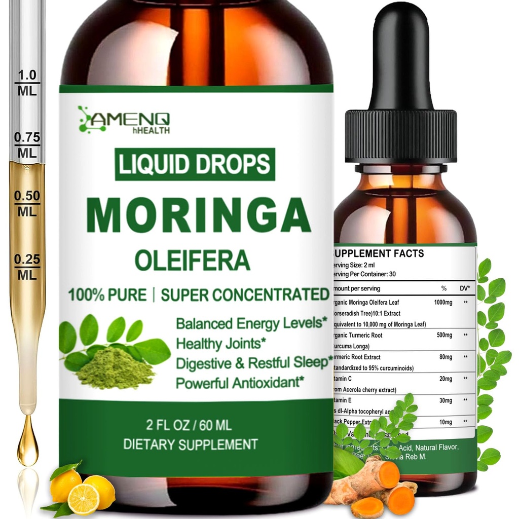 Pure Moringa Oleifera Liquid Drops, Organic Moringa Leaf Extract w. Turmeric, Black Pepper, Moringa συμπλήρωμα για την ενέργεια Μεταβολισμός Ανοσοποιητικό Δερμάτινο Joint & Gut, 6X ισχυρότερη από Moringa Κάψουλες σκόνη