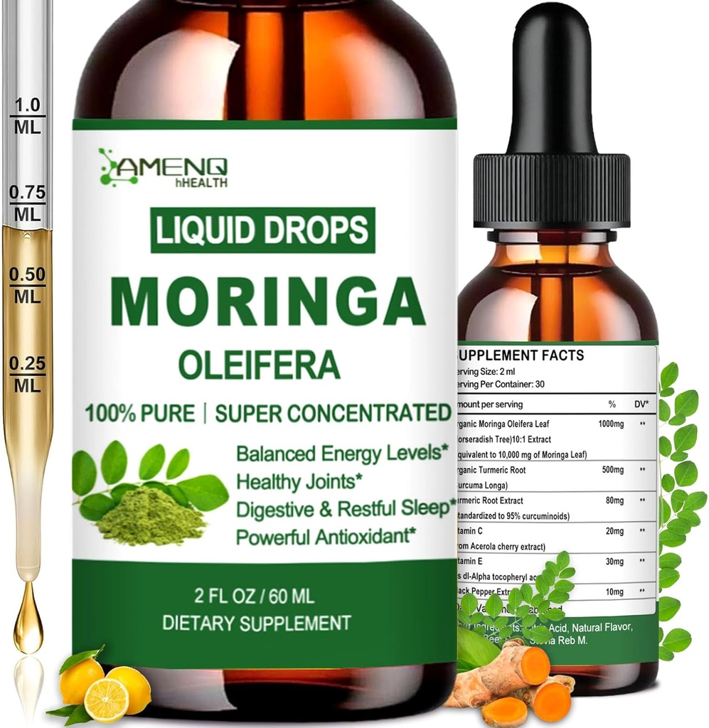 Pure Moringa Oleifera Liquid Drops, Organic Moringa Leaf Extract w. Turmeric, Black Pepper, Moringa Supplement for Energy Metabolism Immune Skin Joint & Gut, 6X Stronger Than Moringa Capsules Powder