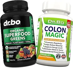 Organik Superfood Greens & Fruit Supplements - Koloni Intestinal Bloating için Detox Formula - Yeşil Veggie Toz Plastik Gıdalar ve Sarmach Tamam Gut, Belly, Stomach