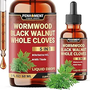 5in1 Wormwood Liquid Drops - Black Walnut Cloves Extract, Berberine, Süt Butle - 2 Fl oz - 60 Gün Supply