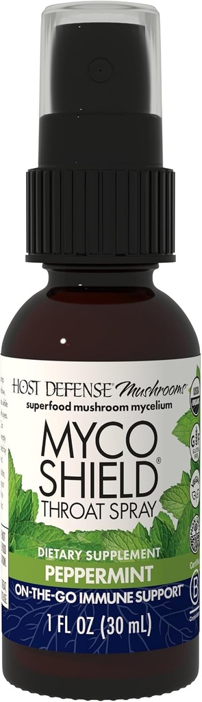 Host Defense MycoShield Throat Spray - Immune Health Support - Συμπλήρωμα μανιταριών διατροφής με Chaga, Reishi, Turkey Tail & More - On-The-Go Immune Support - Peppermint, 1 fl oz (71 Servings)*