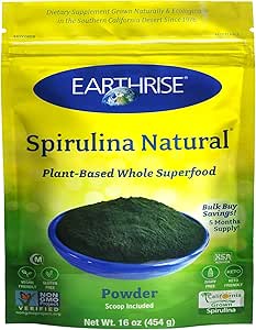 Dünyarise Spirulina Natural Toz 16oz, Doğal Premium Spirulina Kaliforniya- Vegan, Gluten Free, Keto Friendly, Non -GMO Super Food yüksek in Vitamins & Minerals. (1 LB)