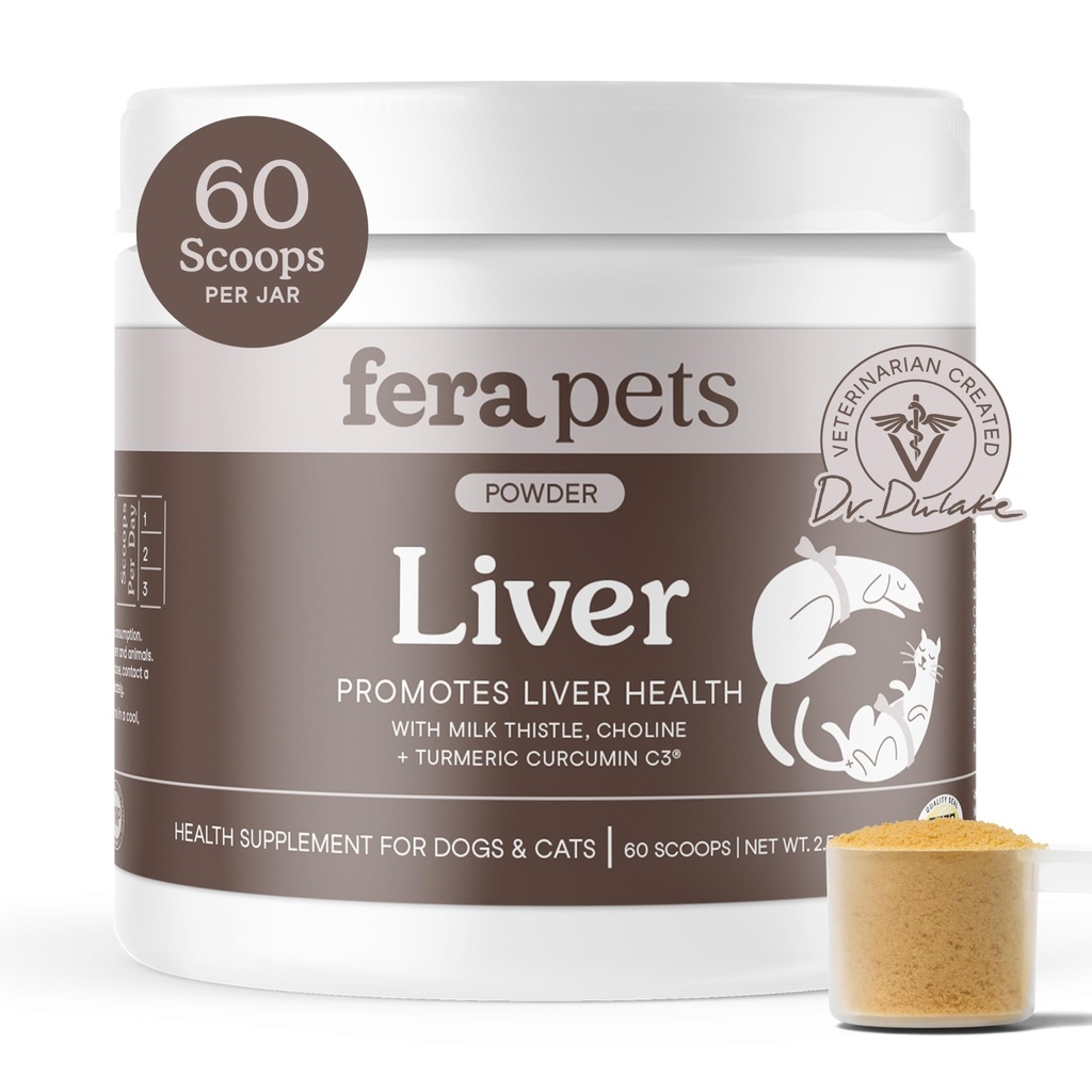 Fera Pets συμπλήρωμα ήπατος για σκύλους & γάτες με γαϊδουράγκαθο γάλακτος, χολίνη & κουρκουμά - Βιολογικά Βοτανικά - Ενισχύει τη λειτουργία του ήπατος, ανοσία, αποτοξίνωση, & Μεταβολική λειτουργία - σκόνη - 60 Scoops