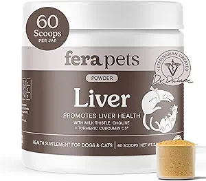 Fera Pets συμπλήρωμα ήπατος για σκύλους & γάτες με γαϊδουράγκαθο γάλακτος, χολίνη & κουρκουμά - Βιολογικά Βοτανικά - Ενισχύει τη λειτουργία του ήπατος, ανοσία, αποτοξίνωση, & Μεταβολική λειτουργία - σκόνη - 60 Scoops