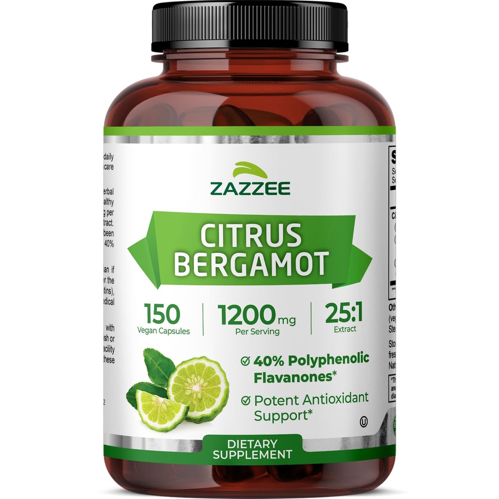 Zazzee Citrus Bergamot 25:1 Εκχύλισμα 1200 mg, 40% Πολυφαινολικές Φλαβανόνες, 150 Κάψουλες Vegan, Kosher, Συμπυκνωμένο και Τυποποιημένο 25X Ικανότητα, μη ΓΤΟ και όλα φυσικά, Κατασκευασμένο στις ΗΠΑ