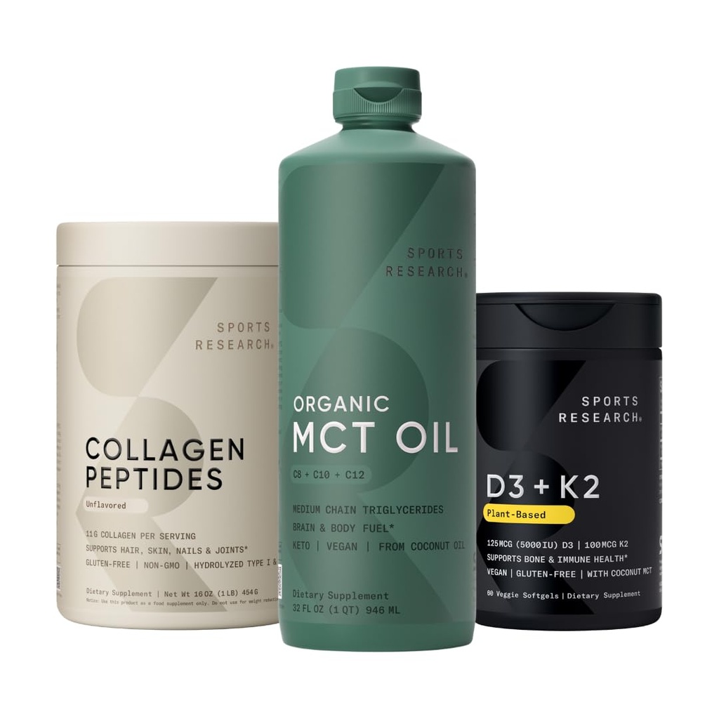 Spor Araştırmaları Collagen Hydro Hydrolyzed Type 1 & 3 Collagen Toz Protein Tamam, Keto MCT Organik Piramitlerden gelen petrol - Triple Materials C8, C10, C12 MCT ve Vitamin D3 K2 ile