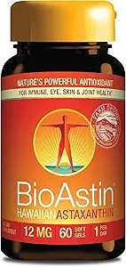 Nutrex Hawaii BioAstin Hawaiian Astaxanthin - 12mg, 60 Softgels - Farm-Direct Premium Αντιοξειδωτικό συμπλήρωμα για την υποστήριξη της υγείας των ματιών, του δέρματος, των αρθρώσεων και του ανοσοποιητικού συστήματος - Μη GMO & Gluten-free