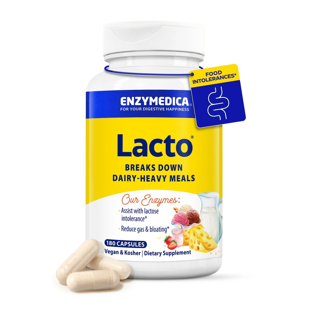 Enzymedica Lacto, Advanced Lactase Pills for Dairy Support, Helps Break Down Λακτόζη, Καζεΐνη & Λιπαρά, Γαλακτοκομικά χάπια ανακούφισης, Vegan, 180 κάψουλες