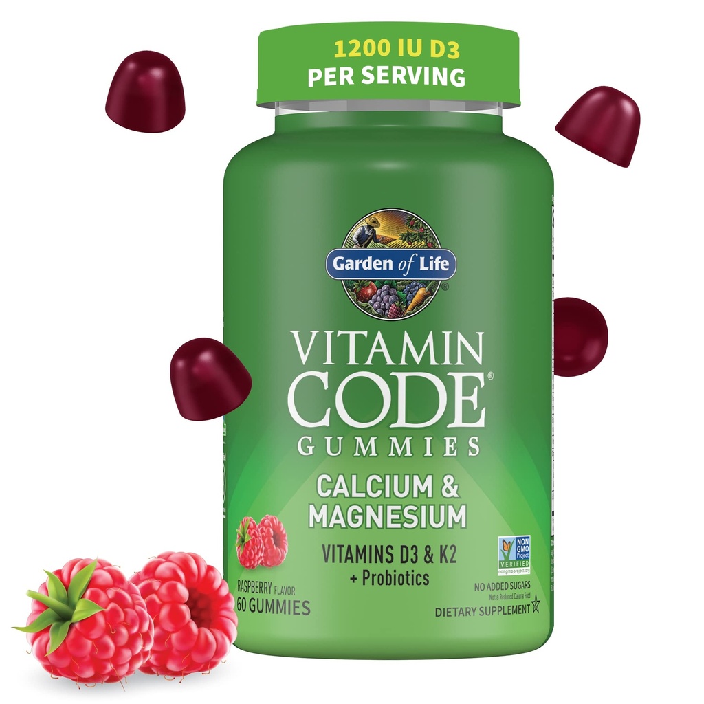 D3 & K2 ile Yaşam Vitamini Kod Kalsiyum Magnezyum Gummies, Bone Health & Bone Strength + Prebiyotiks & Probiyotiks for Digestive Support, Non-GMO, Gluten-Free, 60 Raspberry Gummies