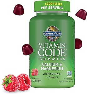 D3 & K2 ile Yaşam Vitamini Kod Kalsiyum Magnezyum Gummies, Bone Health & Bone Strength + Prebiyotiks & Probiyotiks for Digestive Support, Non-GMO, Gluten-Free, 60 Raspberry Gummies