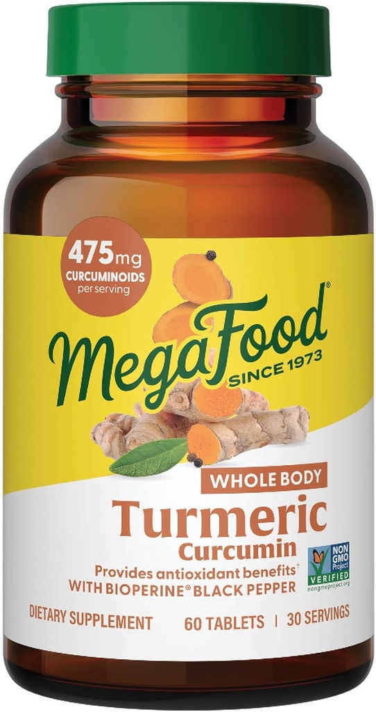 MegaFood Whole Body Turmeric Curcumin Supplement - Turmeric Supplement With Black Pepper & Vitamin C - 475 mg Curcuminoids Per Servis - Antioksi & Immune Support - Vegan - 60 Tablet, 30 Hizmetler
