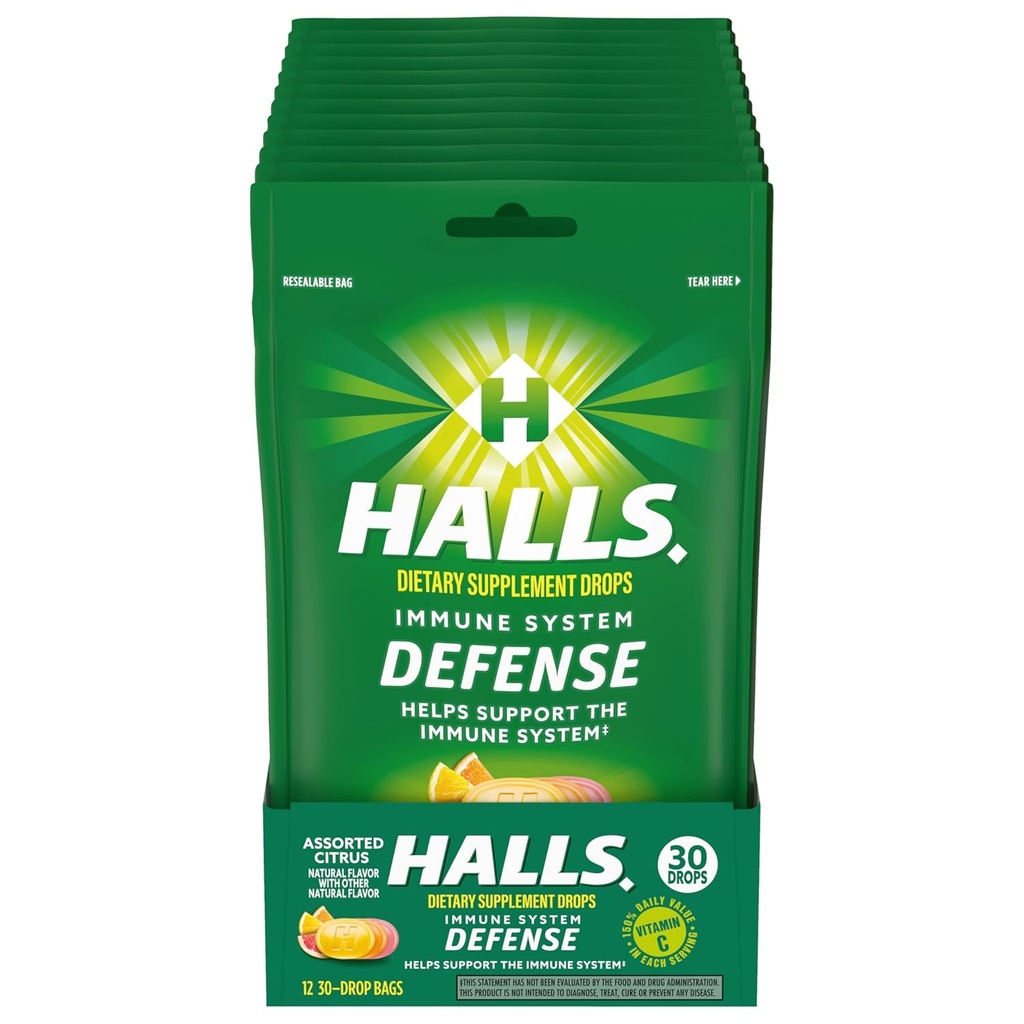 HALLS Savunma Citrus Vitamin C Drops, Diyet Supplement Drops, 30 Drops 12 Çanta (360 Total Drops)